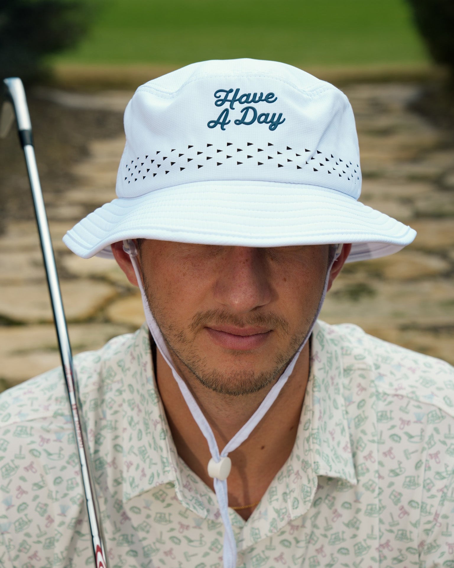 Have A Day White Perforated Bucket Hat - Breezy Golf