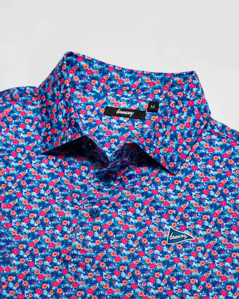 Breezy Golf | The Breezy Hawaiian Floral Polo | Blue/Red | Men's Golf Polo | Large Breezy Golf | The Breezy Hawaiian Floral Polo | Blue/Red | Men's Golf Polo | Large