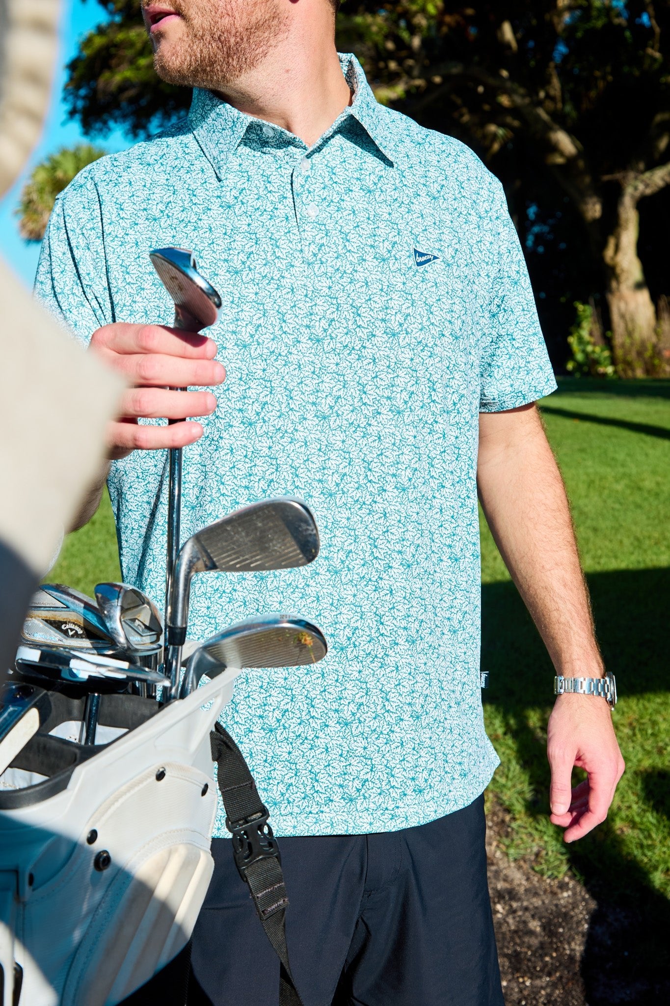 The Raking Leaves Sea Green Polo - Breezy Golf